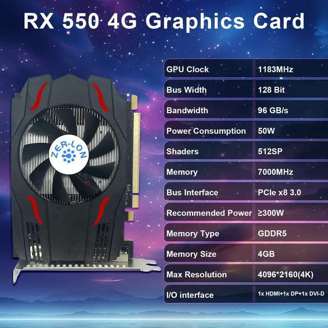Alt view image 2 of 7 - ZER LON Radeon RX 550 Graphics Card, 4GB GDDR5 128 Bit 1183MHz DP HDMI DVI-Output GPU, PCIE 3.0 Computer Gpu Support Up to 4K Video Card for Office and PC Gaming