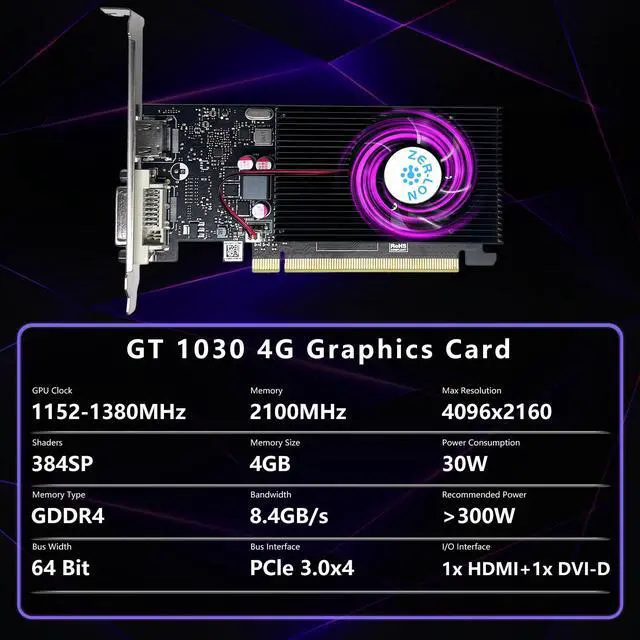 Alt view image 2 of 7 - ZER LON GeForce GT 1030 4G Low Profile Graphics Card, GDDR4 64Bit, HDMI/DVI Ports Support DirectX 12 Computer Gaming Video Card, Desktop GPU, Support 4K
