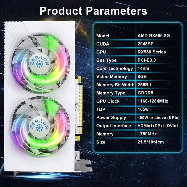 Alt view image 2 of 6 - ZER LON RX 580 8G Graphic Cards, Real 8GB 256Bit 2048SP GDDR5, Pc Gaming Video Card HDMI DP DVI-Output Gaming Gpu Card with Dual Fan for Office and PC Gaming White