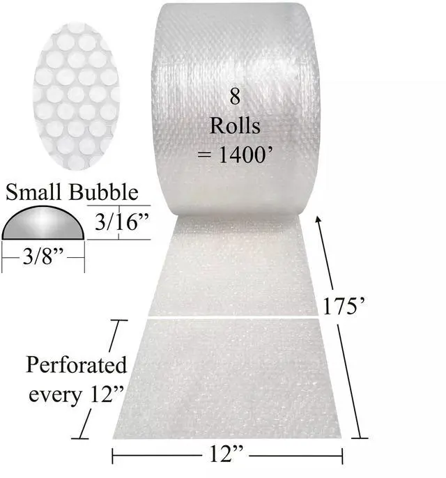 Alt view image 2 of 7 - UOFFICE Bubble Roll Small 1400' x 12" Wide - 3/16" Bubbles (8 Rolls 175' Each)