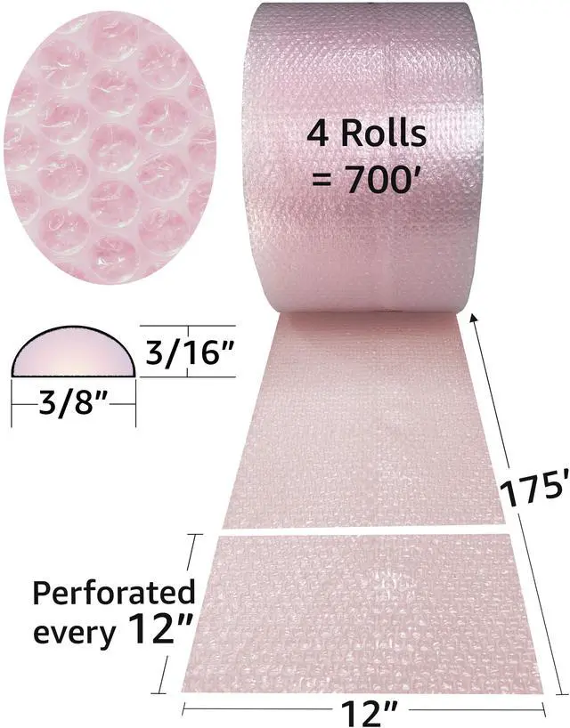 Alt view image 7 of 7 - UOFFICE 4 Pink Anti-Static Bubble Rolls 175'x12" - Small Bubbles 3/16" Wrap 700' Total