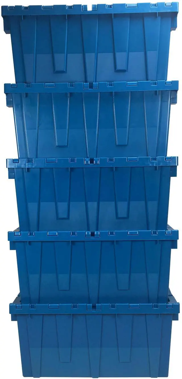 Alt view image 6 of 7 - UBMOVE Storage and Packing Plastic Tote Crate (5 Pack, Blue) Attached Lid Flip Top, 27"x17"x12.5"