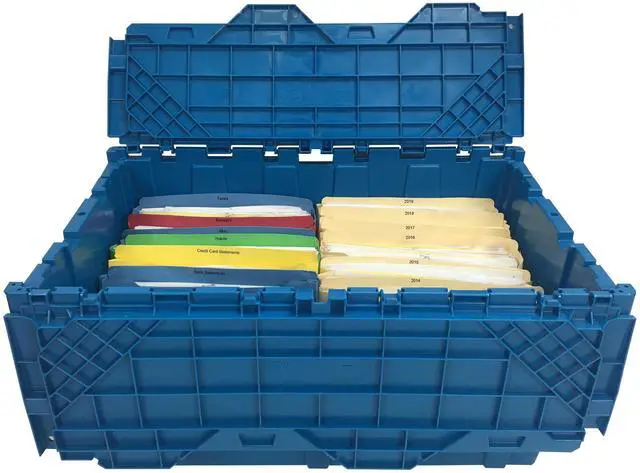 Alt view image 2 of 7 - UBMOVE Storage and Packing Plastic Tote Crate (5 Pack, Blue) Attached Lid Flip Top, 27"x17"x12.5"