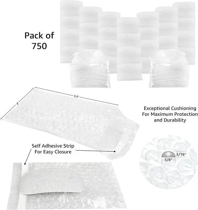 Alt view image 4 of 7 - UOFFICE 750 Clear Bubble Out Bags per Pack 4 x 5.5" Wrap Pouches Envelopes Self-Sealing