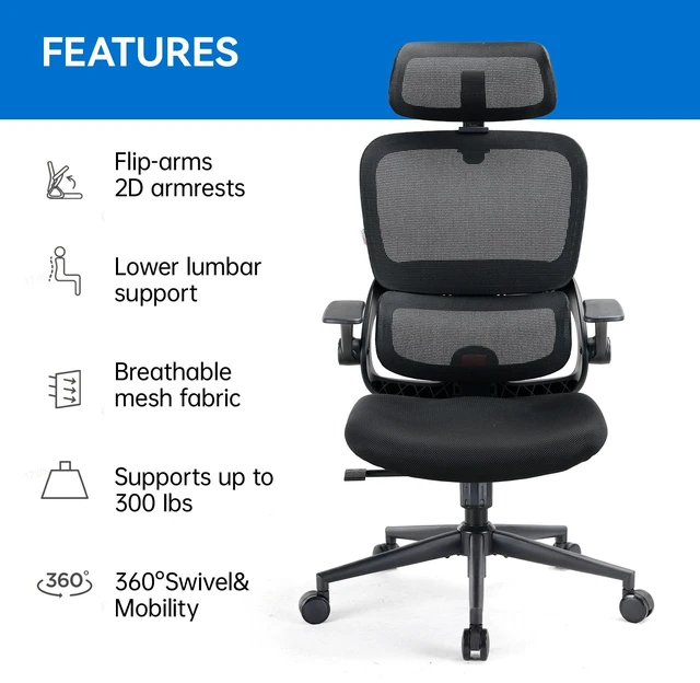 Alt view image 4 of 7 - Sihoo B100 Se Office Chair, Executive Chair with Cotton Seat, Dual-Back Ergonomic Chair, 2D Adjustable Headrest & Flip Link Armrest, Comfort Mesh Chair for Home Office & Gaming, 300lbs, Black