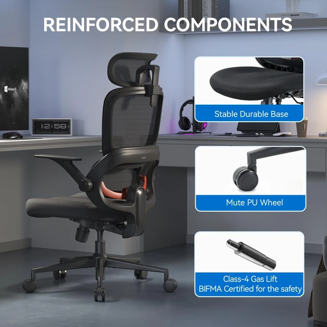 Alt view image 6 of 7 - Sihoo B100 Se Office Chair, Executive Chair with Cotton Seat, Dual-Back Ergonomic Chair, 2D Adjustable Headrest & Flip Link Armrest, Comfort Mesh Chair for Home Office & Gaming, 300lbs, Black