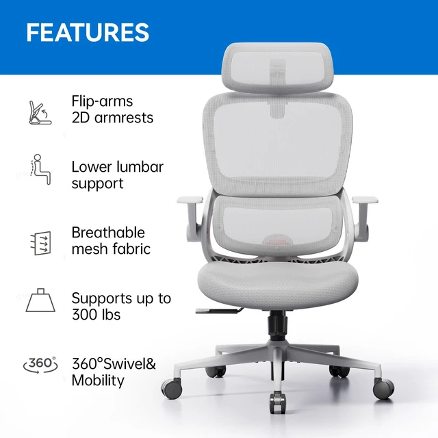 Alt view image 3 of 7 - Sihoo B100 Se Office Chair, Executive Chair with Cotton Seat, Dual-Back Ergonomic Chair, 2D Adjustable Headrest & Flip Link Armrest, Comfort Mesh Chair for Home Office & Gaming, 300lbs, Gray