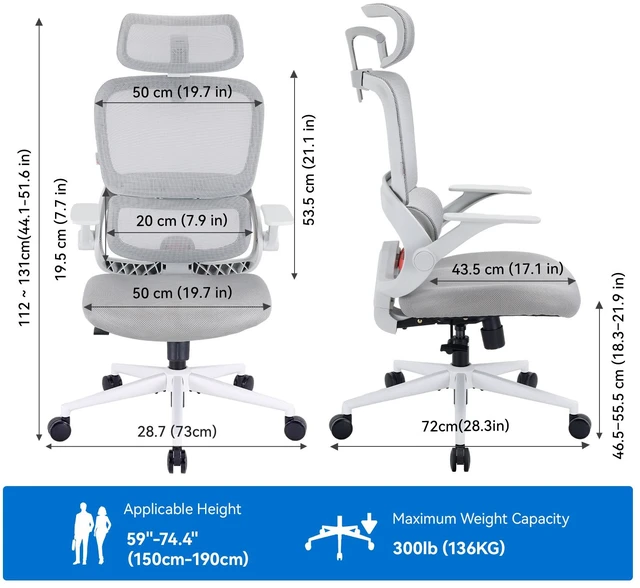 Alt view image 4 of 7 - Sihoo B100 Se Office Chair, Executive Chair with Cotton Seat, Dual-Back Ergonomic Chair, 2D Adjustable Headrest & Flip Link Armrest, Comfort Mesh Chair for Home Office & Gaming, 300lbs, Gray