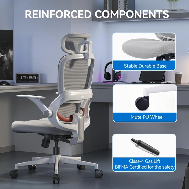 Alt view image 6 of 7 - Sihoo B100 Se Office Chair, Executive Chair with Cotton Seat, Dual-Back Ergonomic Chair, 2D Adjustable Headrest & Flip Link Armrest, Comfort Mesh Chair for Home Office & Gaming, 300lbs, Gray