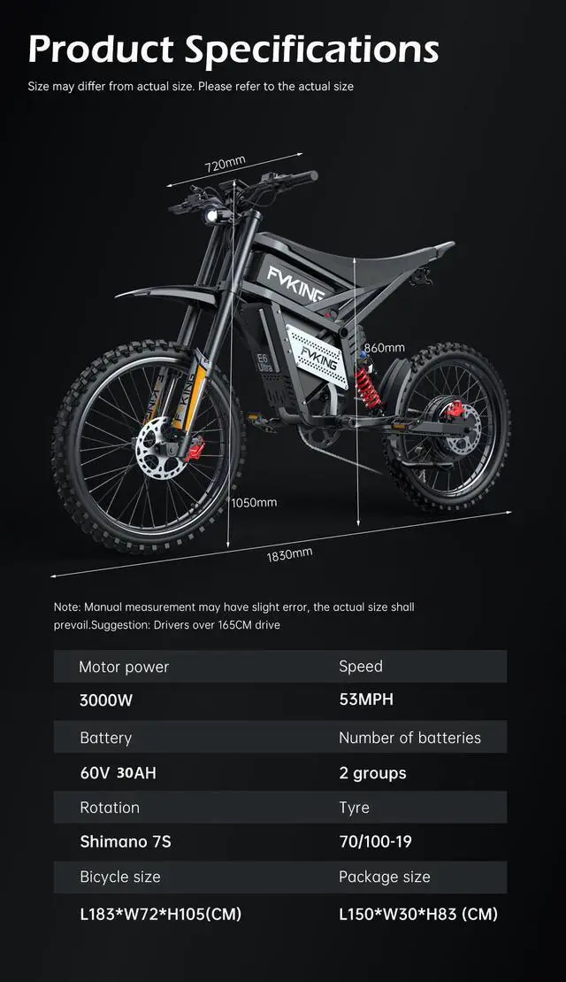 Alt view image 7 of 7 - FVKING E6UItra 25 inch off-road electric bicycle 60V30AH motor rated power 3000W peak 6000W80KM/H adult electric bicycle