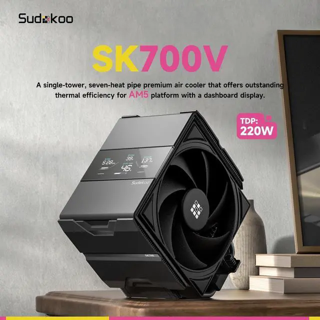 Alt view image 7 of 7 - Sudokoo SK700V AM5-Designated CPU Air Cooler, Single Tower, 7 Heatpipes, Digital Display, TDP 220W, Full RAM Freedom, L-Rail Lock Mount, M-Winding Tech Fan