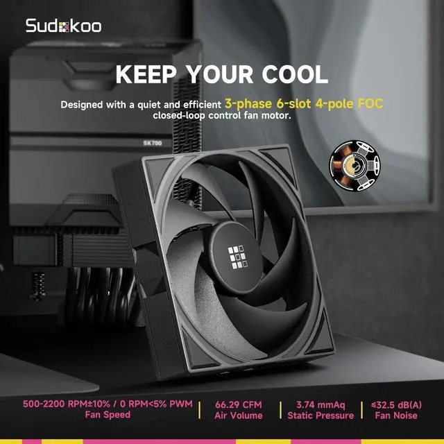 Alt view image 4 of 7 - Sudokoo SK700V AM5-Designated CPU Air Cooler, Single Tower, 7 Heatpipes, Digital Display, TDP 220W, Full RAM Freedom, L-Rail Lock Mount, M-Winding Tech Fan