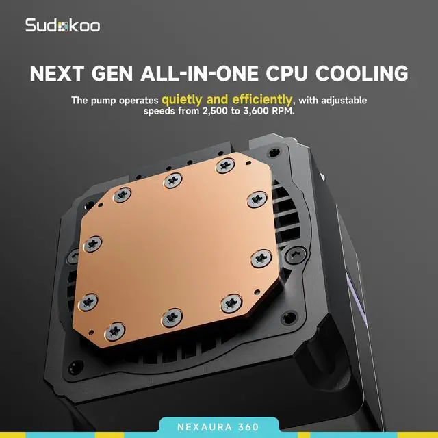 Alt view image 5 of 7 - Sudokoo NEXAURA 360 Liquid CPU Cooler: 360mm AIO CPU Cooler with PWM Pump & ARGB Pump Head - Water Cooling with FDB Fans for Intel LGA 1851/1700/1200/115X AMD AM5/AM4 - Black