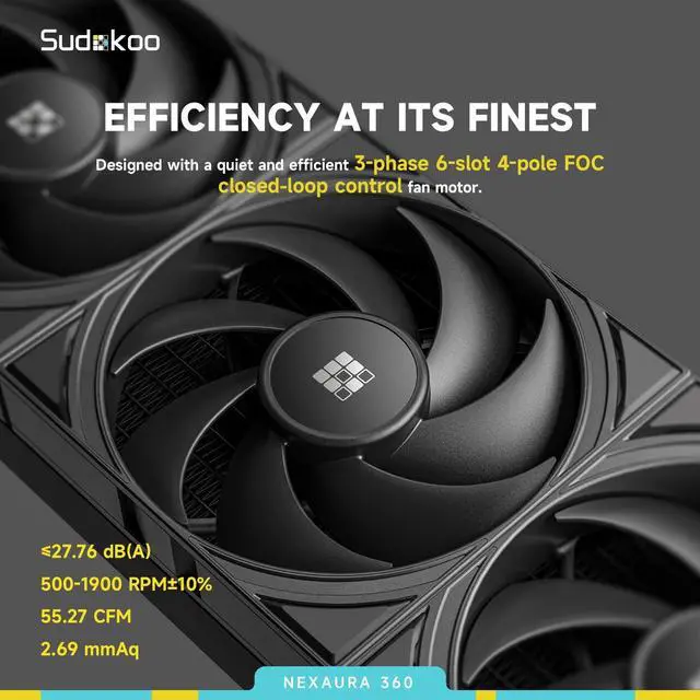 Alt view image 6 of 7 - Sudokoo NEXAURA 360 Liquid CPU Cooler: 360mm AIO CPU Cooler with PWM Pump & ARGB Pump Head - Water Cooling with FDB Fans for Intel LGA 1851/1700/1200/115X AMD AM5/AM4 - Black