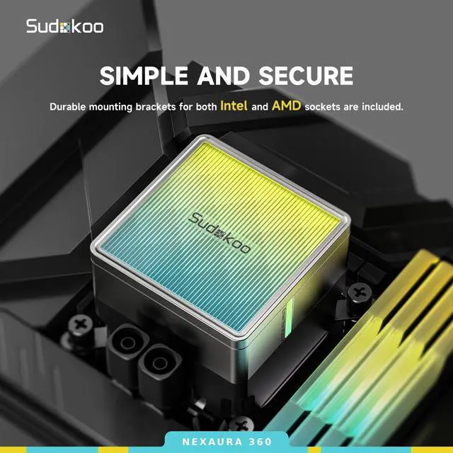 Alt view image 7 of 7 - Sudokoo NEXAURA 360 Liquid CPU Cooler: 360mm AIO CPU Cooler with PWM Pump & ARGB Pump Head - Water Cooling with FDB Fans for Intel LGA 1851/1700/1200/115X AMD AM5/AM4 - Black