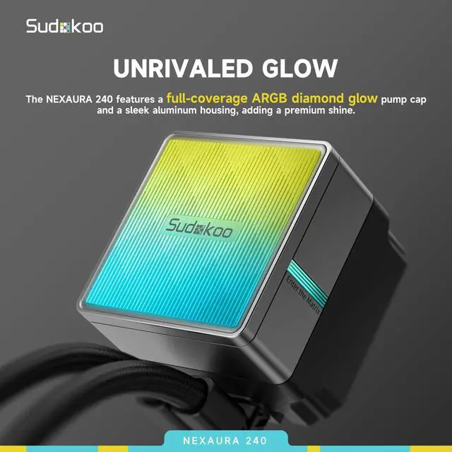 Alt view image 4 of 7 - Sudokoo NEXAURA 240 Liquid CPU Cooler: 240mm AIO CPU Cooler with PWM Pump & ARGB Pump Head - Water Cooling with FDB Fans for Intel LGA 1851/1700/1200/115X AMD AM5/AM4 - Black