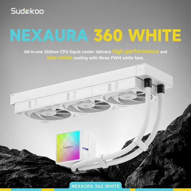 Alt view image 3 of 7 - Sudokoo NEXAURA 360 White AIO Liquid CPU Cooler, PWM Pump, ARGB Pump Head, TDP 300W, FDB Fans, Intel LGA 1851/1700/1200/115X AMD AM5/AM4, White