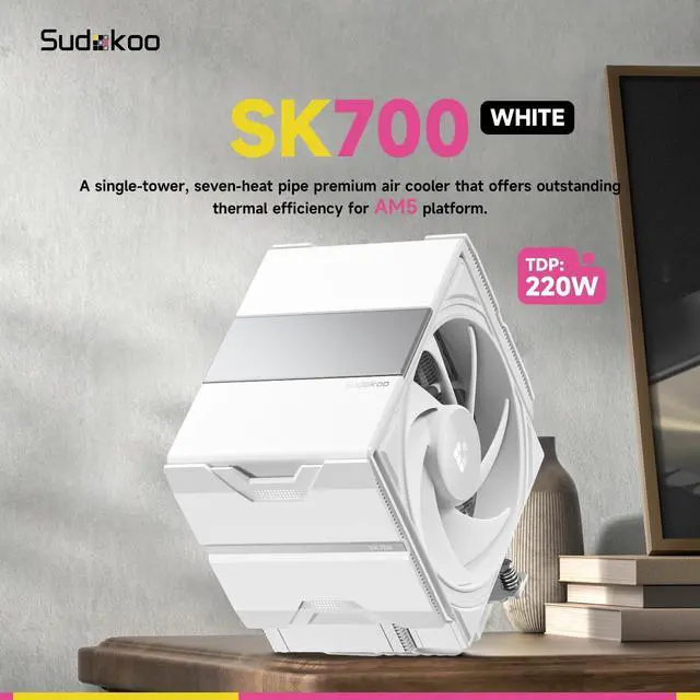 Alt view image 3 of 7 - Sudokoo SK700 White AM5 CPU Cooler: 7 Heatpipes CPU Air Cooler for AM5 Exclusive - Single Tower PC Cooling with 120mm FDB PWM Quiet Fan & L-Rail Lock Mount