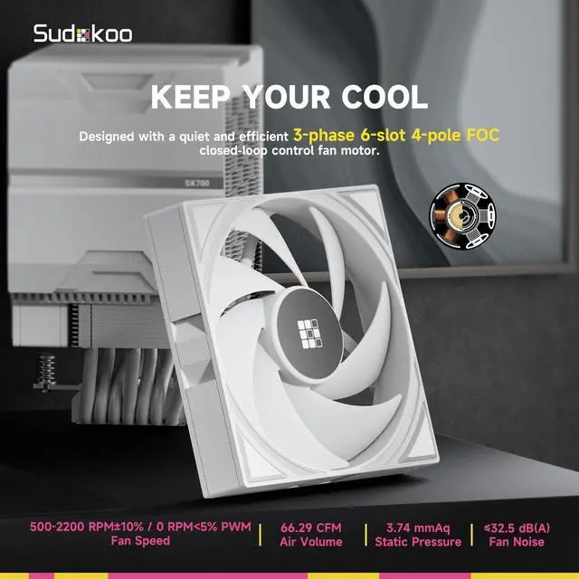 Alt view image 4 of 7 - Sudokoo SK700 White AM5 CPU Cooler: 7 Heatpipes CPU Air Cooler for AM5 Exclusive - Single Tower PC Cooling with 120mm FDB PWM Quiet Fan & L-Rail Lock Mount