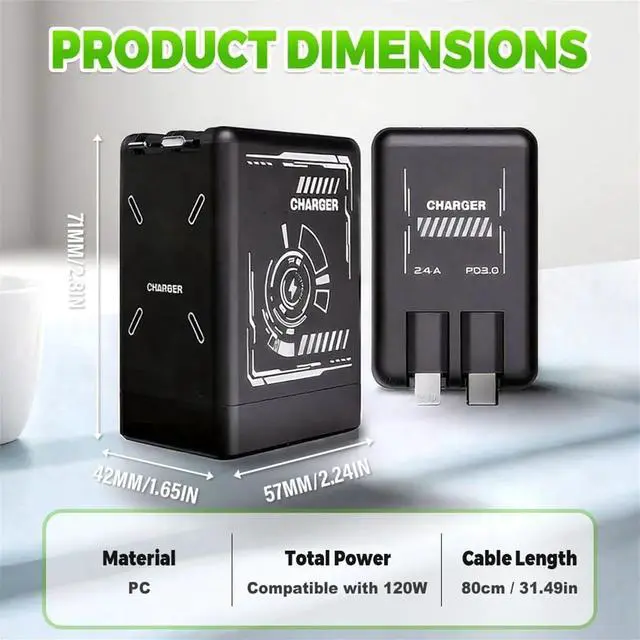 Alt view image 2 of 7 - 2-in-1 GaN 120w Fast Charger, 2025 Upgraded Scalable Retractable 120w Fast Charger Module, All in 1 Foldable Charging Adapter Wall Plug for Phone, Tablet, Laptops Black