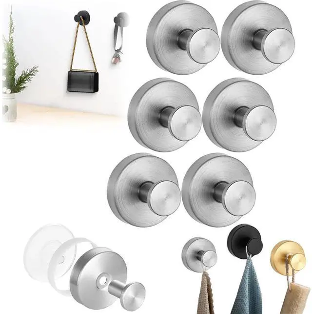 Main image of Luxe Hold No-Drill Hooks, 2024 Upgraded Suction Cup Stainless Steel Waterproof Suction Cup Hooks for Hooks, Shower, Bathroom, Hanging Towels, Mounting on Glass Shower Doors, Tile Silver 6pcs