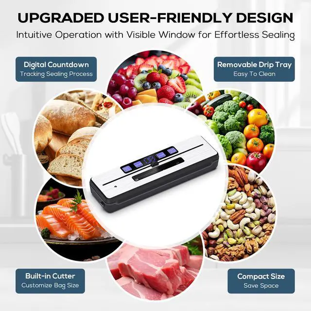 Alt view image 5 of 7 - celiberry Vacuum Sealer Machine, 9-in-1 Automatic Food Sealer Kit with Double Heat Seal for Dry Moist Food Storage, Stainless Steel Compact Design, Built-in Cutter, Removable Drip Tray,15pieces