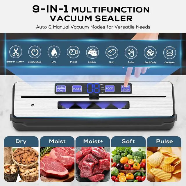 Alt view image 3 of 7 - celiberry Vacuum Sealer Machine, 9-in-1 Automatic Food Sealer Kit with Double Heat Seal for Dry Moist Food Storage, Stainless Steel Compact Design, Built-in Cutter, Removable Drip Tray,15pieces
