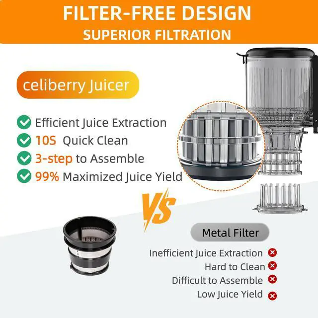 Alt view image 5 of 7 - celiberry Cold Press Juicer Machines, 5.3 Large Feed Chute Slow Masticating Juicer for Whole Fruits & Vegetables, 300W Quiet Juice Extractor, Easy to Clean, Anti-Clog, No Drip, 99% High Juice Yield