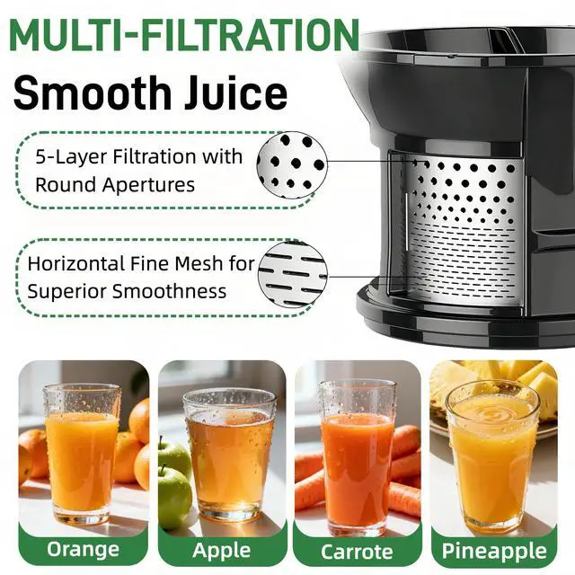 Alt view image 5 of 7 - Compact Cold Press Juicer Machine with Minimalist Design, 4.1" Wide Feed Chute Slow Masticating Juicer for Whole Fruits, 5-Layer Stainless Steel Filter for Purest Taste, Juice Extractor with 3-Step As