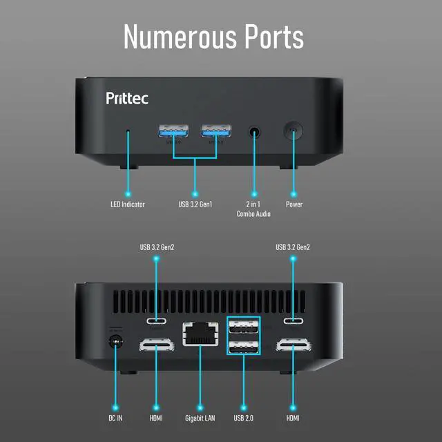 Alt view image 6 of 7 - Prittec F8C Mini PC, Intel Alder Lake-N N100, 16GB DDR4, 512GB M.2 SSD, Support 4K, Triple Display, HDMI x 2, USB3.2 Gen2 x 2, USB2.0 x 2, Type-C x 2, WiFi6/BT5.2, GB LAN(RJ45), OS