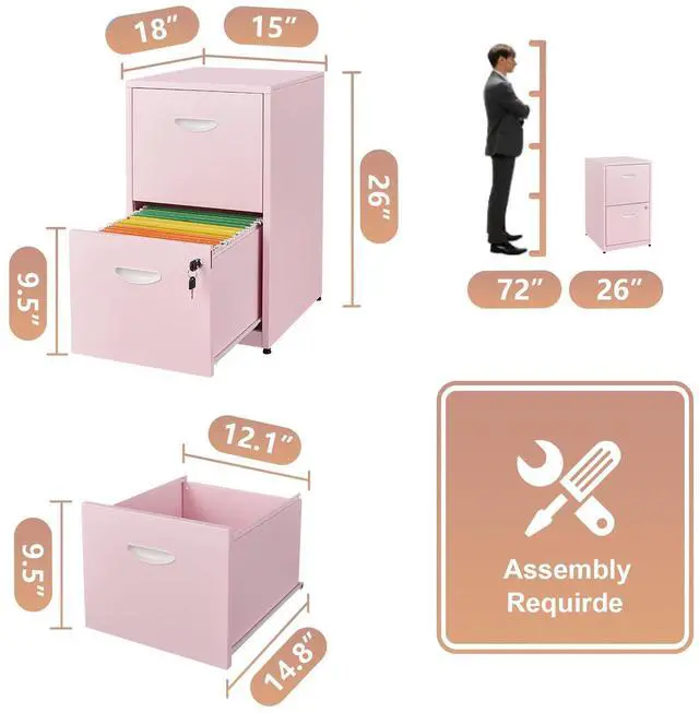 Alt view image 3 of 7 - Polup 2 Drawer File Cabinet with Lock, Two Drawer Filing Cabinet for Home Office, Small Files Cabinets for Under Desk, Metal Locking Filing Cabinets for Letter Size, Pink, Assembly Required