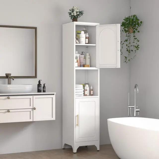 Alt view image 2 of 7 - Polup Narrow Bathroom Storage Cabinet, 75" Tall Freestanding Slim Cabinet for Small Spaces, Skinny Metal Storage Cabinets with Doors and Shelves for Living Room, Kitchen, White, Assembly Required