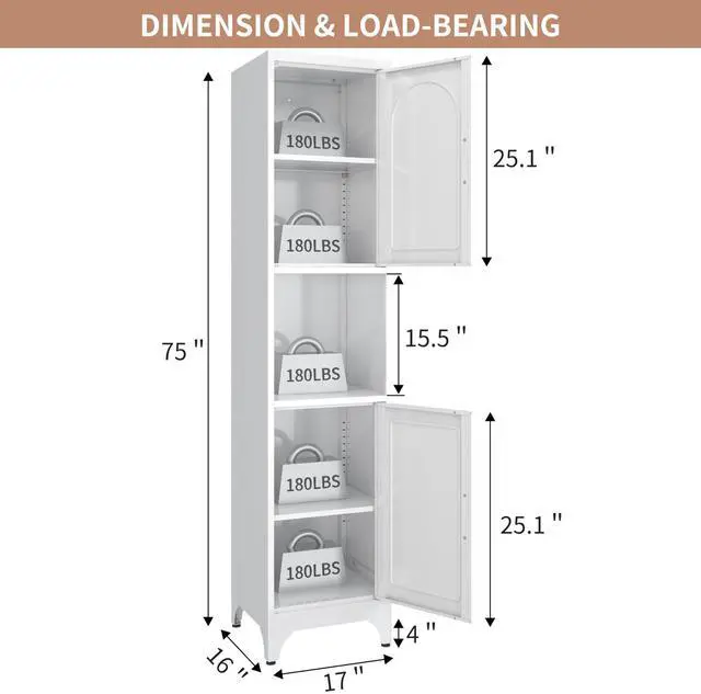 Alt view image 3 of 7 - Polup Narrow Bathroom Storage Cabinet, 75" Tall Freestanding Slim Cabinet for Small Spaces, Skinny Metal Storage Cabinets with Doors and Shelves for Living Room, Kitchen, White, Assembly Required
