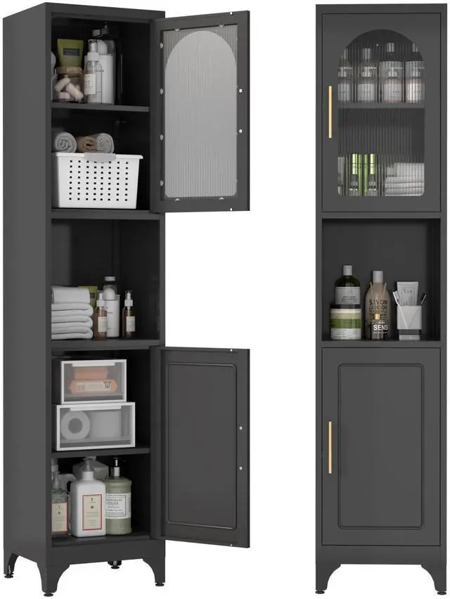 Main image of Polup 75" Tall Narrow Bathroom Storage Cabinet with Acrylic Fluted Glass Doors, Slim Metal Cabinet with Open Countertop, Freestanding Skinny Cabinets for Laundry, Living Room, White, Assembly Required