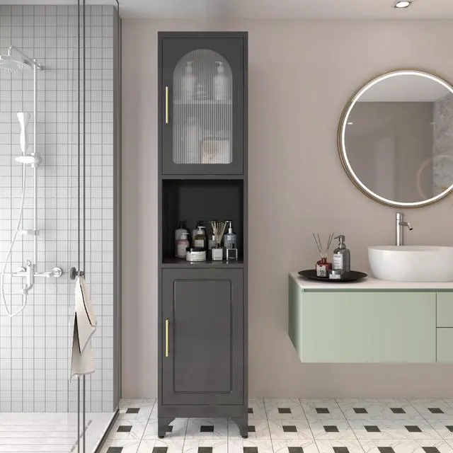 Alt view image 2 of 7 - Polup 75" Tall Narrow Bathroom Storage Cabinet with Acrylic Fluted Glass Doors, Slim Metal Cabinet with Open Countertop, Freestanding Skinny Cabinets for Laundry, Living Room, White, Assembly Required