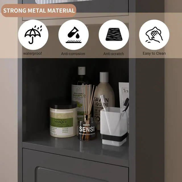Alt view image 6 of 7 - Polup 75" Tall Narrow Bathroom Storage Cabinet with Acrylic Fluted Glass Doors, Slim Metal Cabinet with Open Countertop, Freestanding Skinny Cabinets for Laundry, Living Room, White, Assembly Required