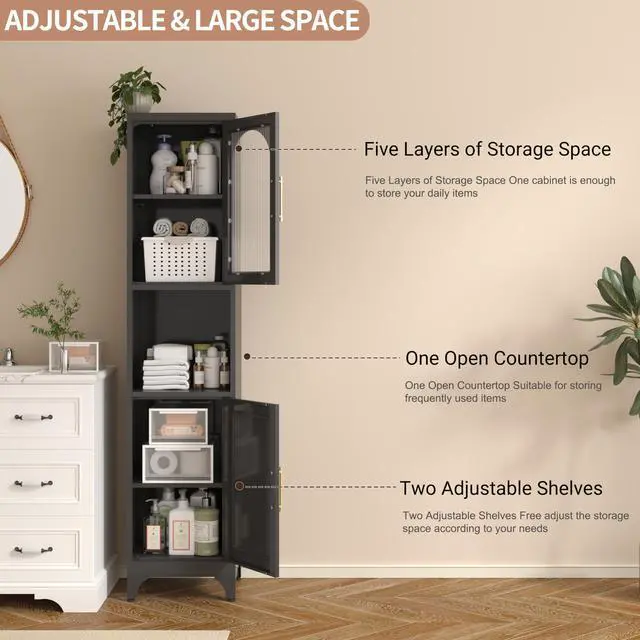 Alt view image 4 of 7 - Polup 75" Tall Narrow Bathroom Storage Cabinet with Acrylic Fluted Glass Doors, Slim Metal Cabinet with Open Countertop, Freestanding Skinny Cabinets for Laundry, Living Room, White, Assembly Required
