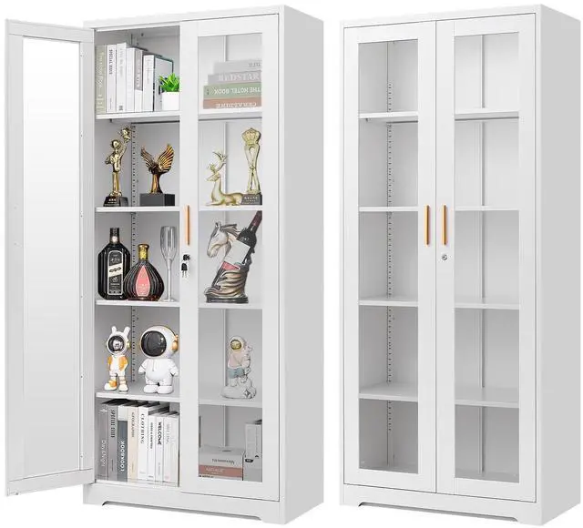 Main image of POLUP Display Cabinet with Glass Doors, Metal Curio Cabinets with Lock and Shelves, 71''Tall Display Case for Living & Dining Room, Bookcase for Home, Clinic, School (White)- Assemble Required