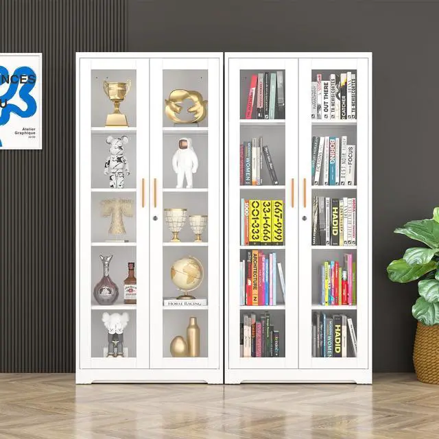 Alt view image 2 of 7 - POLUP Display Cabinet with Glass Doors, Metal Curio Cabinets with Lock and Shelves, 71''Tall Display Case for Living & Dining Room, Bookcase for Home, Clinic, School (White)- Assemble Required