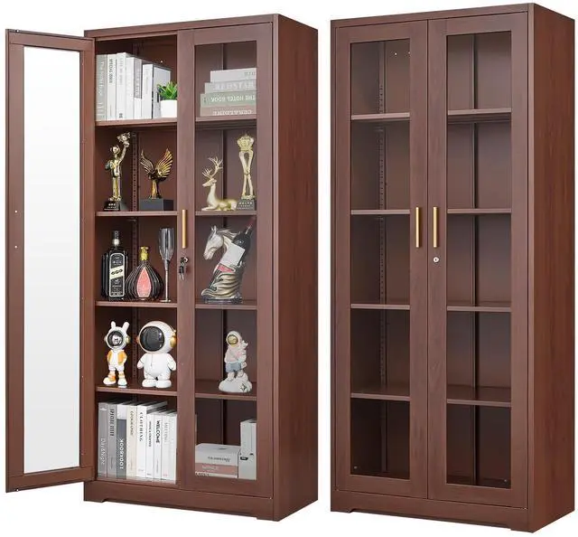 Main image of POLUP Glass Display Cabinet, Display Case with Glass Doors and Shelves, Metal Curio Cabinets with Locking, 71" Tall Bookcase with Glass Doors for Home, School, Clinic (Wood Color)- Assemble Required