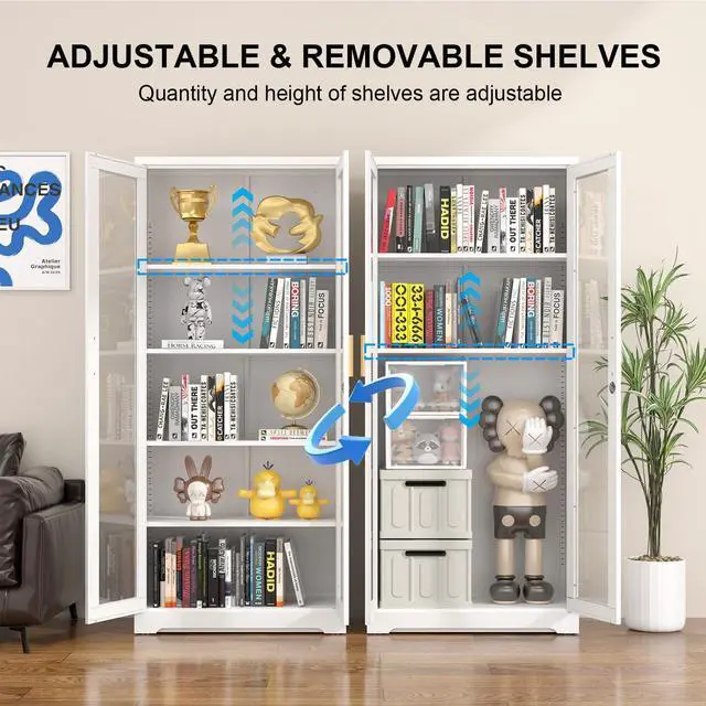 Alt view image 5 of 7 - POLUP Display Cabinet with Glass Doors, Metal Curio Cabinets with Lock and Shelves, 71''Tall Display Case for Living & Dining Room, Bookcase for Home, Clinic, School (White)- Assemble Required