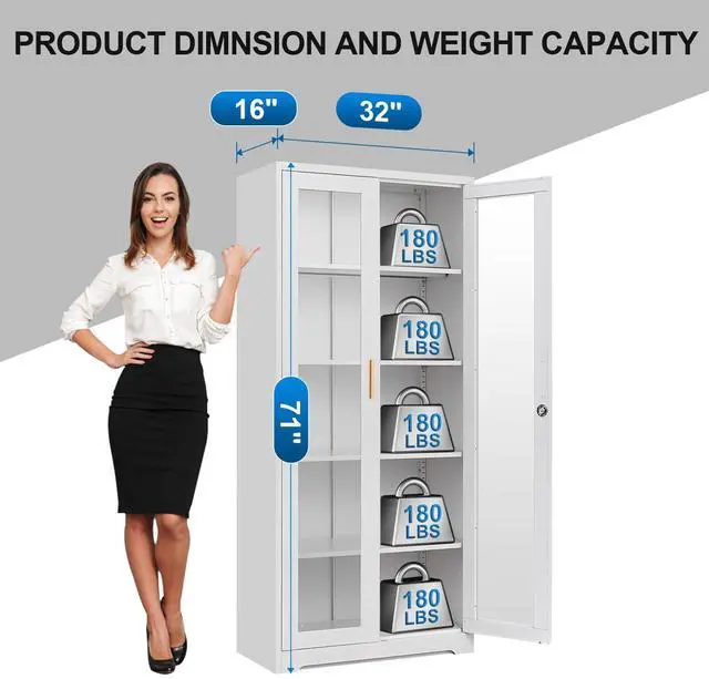 Alt view image 6 of 7 - POLUP Display Cabinet with Glass Doors, Metal Curio Cabinets with Lock and Shelves, 71''Tall Display Case for Living & Dining Room, Bookcase for Home, Clinic, School (White)- Assemble Required