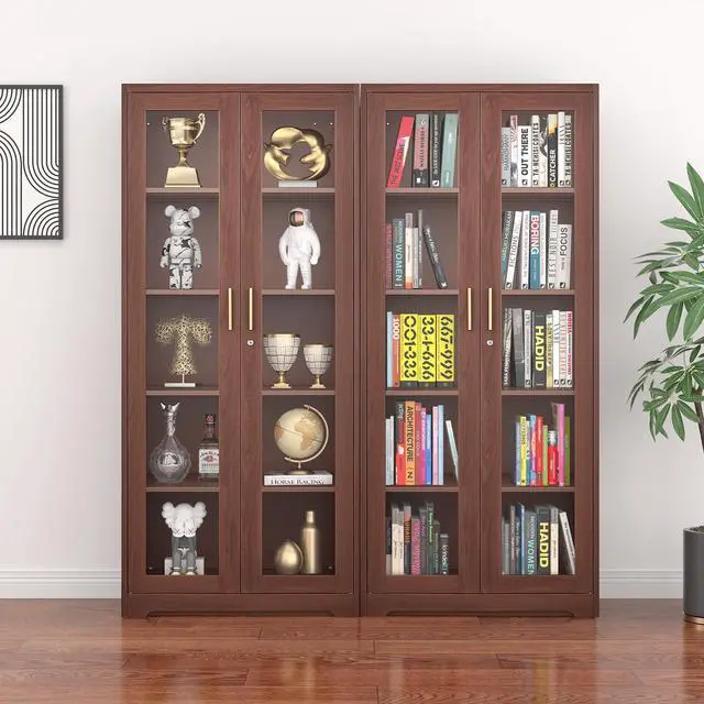 Alt view image 2 of 7 - POLUP Glass Display Cabinet, Display Case with Glass Doors and Shelves, Metal Curio Cabinets with Locking, 71" Tall Bookcase with Glass Doors for Home, School, Clinic (Wood Color)- Assemble Required