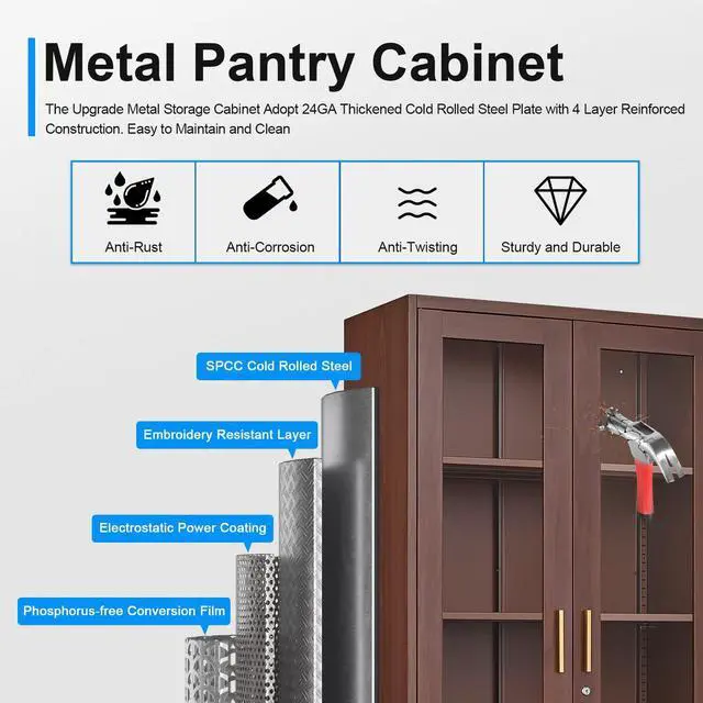 Alt view image 4 of 7 - POLUP Glass Display Cabinet, Display Case with Glass Doors and Shelves, Metal Curio Cabinets with Locking, 71" Tall Bookcase with Glass Doors for Home, School, Clinic (Wood Color)- Assemble Required
