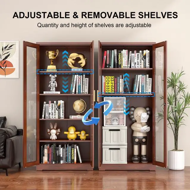 Alt view image 5 of 7 - POLUP Glass Display Cabinet, Display Case with Glass Doors and Shelves, Metal Curio Cabinets with Locking, 71" Tall Bookcase with Glass Doors for Home, School, Clinic (Wood Color)- Assemble Required