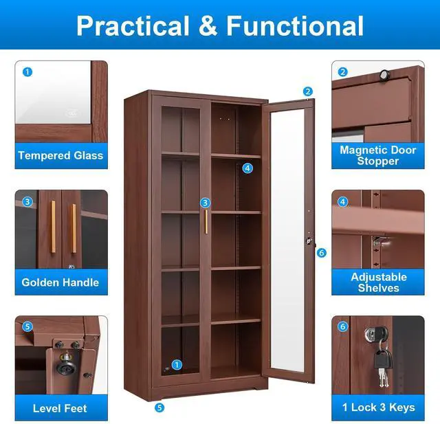 Alt view image 7 of 7 - POLUP Glass Display Cabinet, Display Case with Glass Doors and Shelves, Metal Curio Cabinets with Locking, 71" Tall Bookcase with Glass Doors for Home, School, Clinic (Wood Color)- Assemble Required