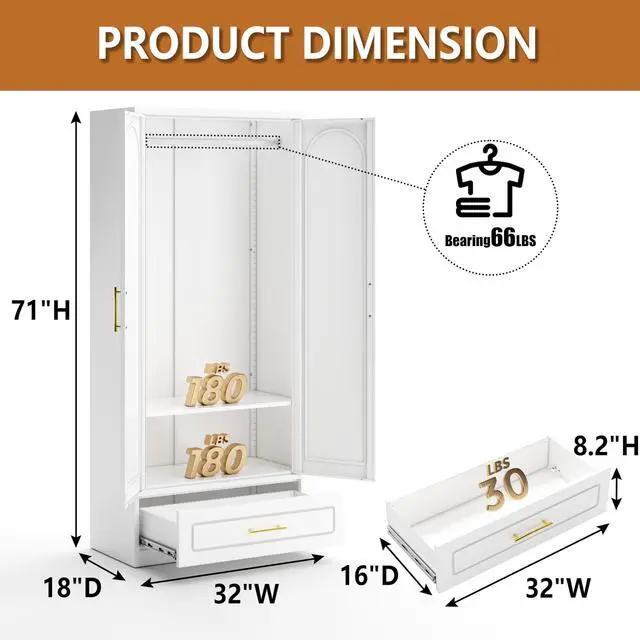 Alt view image 3 of 7 - Polup Metal Wardrobe Closet with Drawer, 71" Tall Armoire Wardrobe Closet with Hanging Rod, Freestanding Clothing Storage Cabinet with Doors, Large Wardrobe for Bedroom, White, Assembly Required