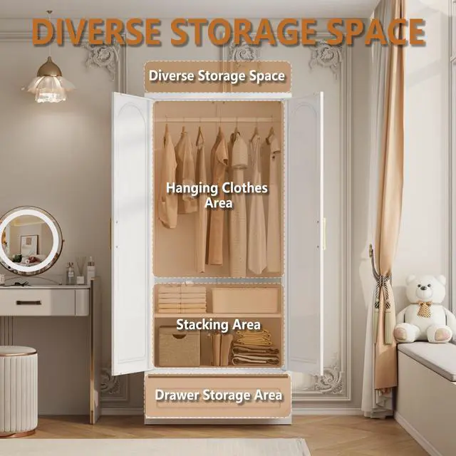Alt view image 4 of 7 - Polup Metal Wardrobe Closet with Drawer, 71" Tall Armoire Wardrobe Closet with Hanging Rod, Freestanding Clothing Storage Cabinet with Doors, Large Wardrobe for Bedroom, White, Assembly Required