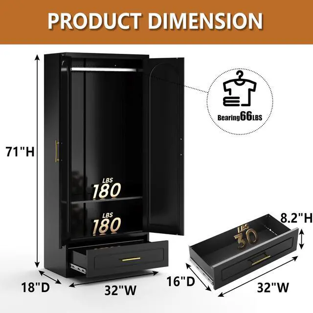 Alt view image 3 of 7 - Polup Metal Armoire Wardrobe Closet with Drawer, 71 Tall Freestanding Wardrobe Cabinet with Doors and Shelves, Large Armoire with Hanging Rod, Clothes Cabinets for Bedroom, Black, Assembly Required