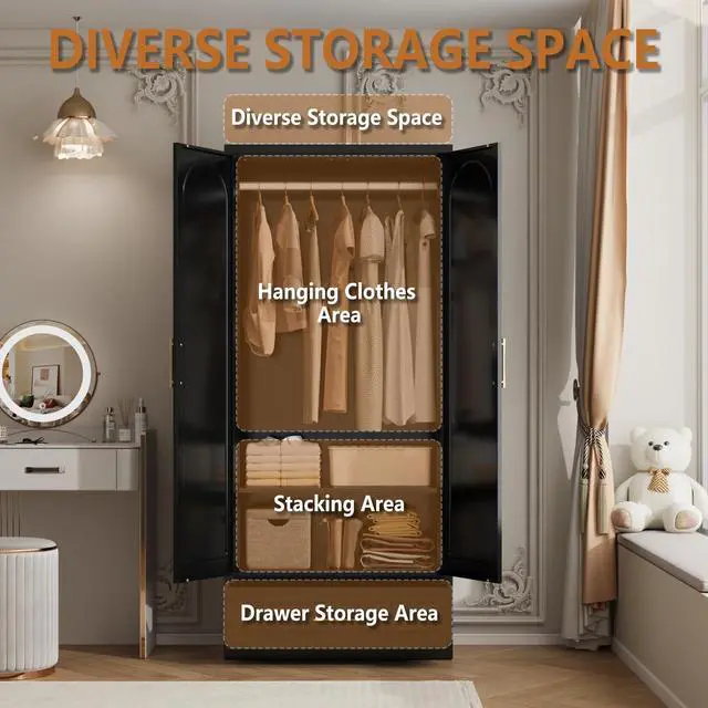 Alt view image 5 of 7 - Polup Metal Armoire Wardrobe Closet with Drawer, 71 Tall Freestanding Wardrobe Cabinet with Doors and Shelves, Large Armoire with Hanging Rod, Clothes Cabinets for Bedroom, Black, Assembly Required
